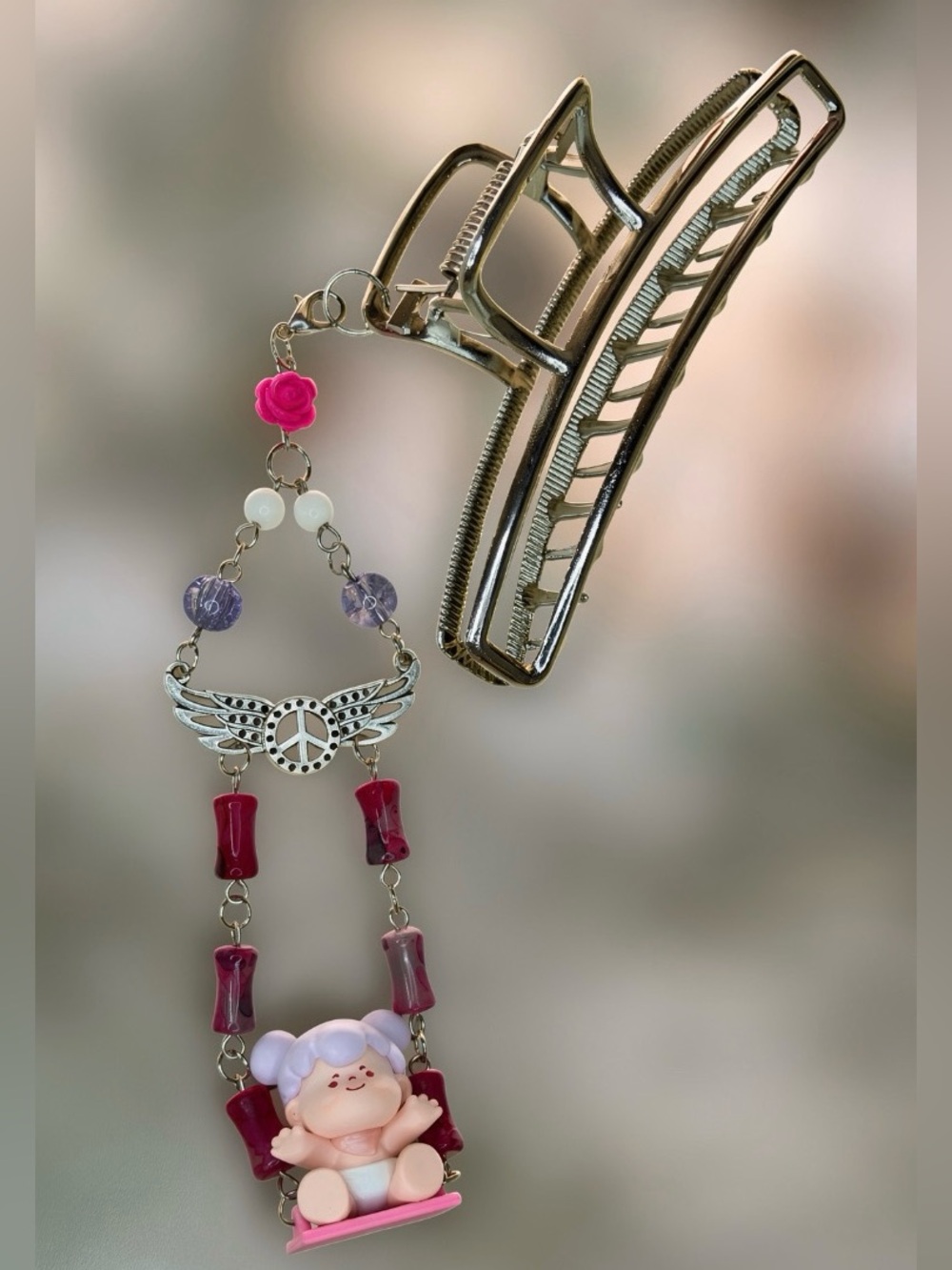 Kawaii Beaded Swing with Upcycled Woow Girl Handmade Charm Hair Claw Clip